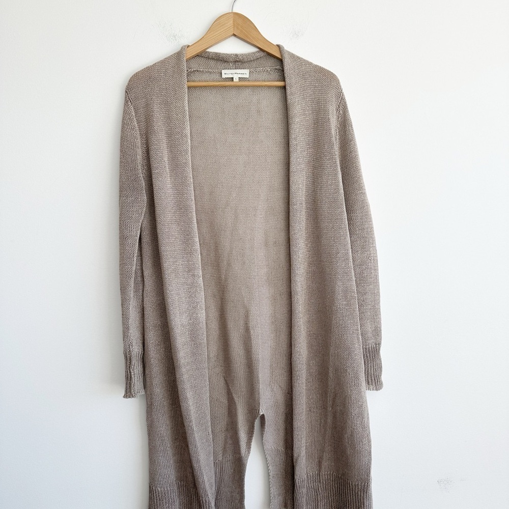 White And Warren Linen Cardigan Sweater Open Front Longline Beige Women’s Small